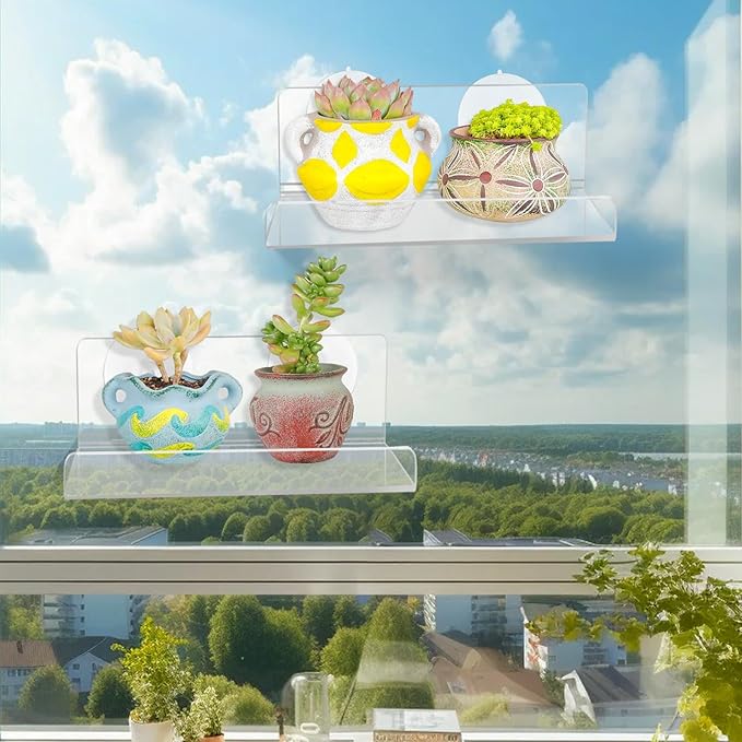 2-Pack 6'' Clear Acrylic Modern Window Mount Floating Shelf, 2 Shelves, 2 Inch Depth, 5 lbs Max Weight, Space Saving, No Drilling, Suction Cup, Bathroom, Kitchen, Wall