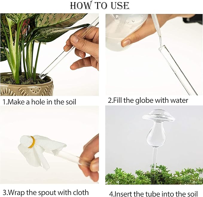 Kingbuy Mushroom Shaped Self-Watering Globes - 2 Pack Glass Automatic Plant Waterer for Indoor Outdoor Plants, Water Bulbs & Decorative Stakes for Plant Lovers