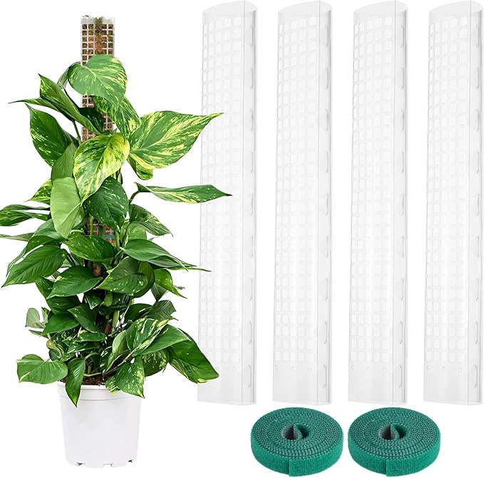4 Pcs Plastic Moss Poles, 24″ Clear Sphagnum Moss Sticks for Indoor Climbing Plants, Stackable Hollow Plant Supports with 10ft Ties, Plant Moss Poles for Monstera, White