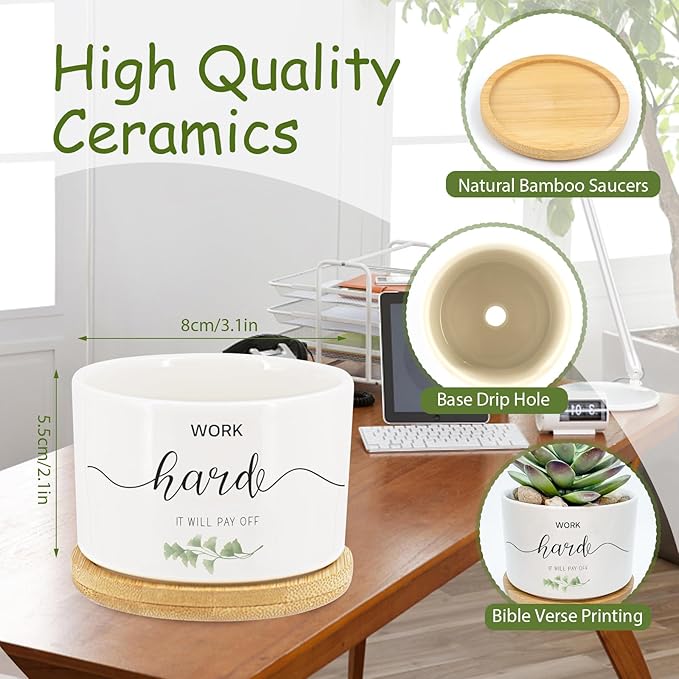 Tarklanda 6 Pcs Thank You Gift Succulent Pots Mini Ceramic Plant Pots with Bamboo Tray Flower Pots Planters for Teacher Coworker Employee Nurse Friends Appreciation, Plants Not Included