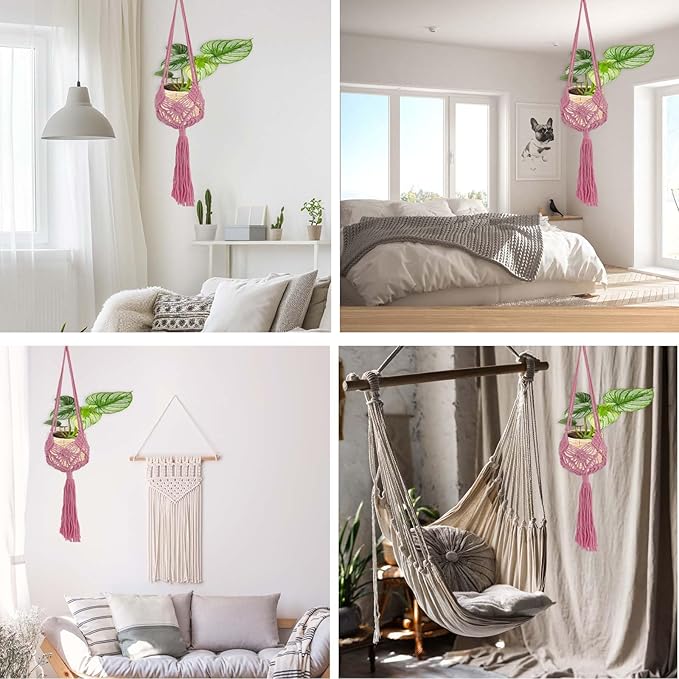 2 Pack 90CM (35inch) Extra Long Macrame Plant Hangers, up to 8 inch Pot Hanging Planter with Patterns, Premium Cotton Rope Crochet Boho Hanging Planter Basket for Indoor & Outdoor Plants (Pink)