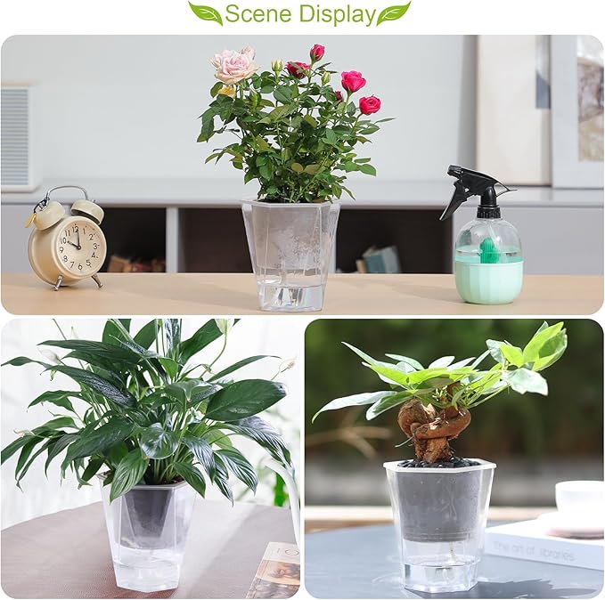 Oliz Self Watering Planter 5 Pcs, 4.5 Inch Flower Plant Pot with Transparent Inner Pot, Gardening Flowerpot with Watering Can, Indoor Self Watering Planter Pot for Herbs, Flowers (White)