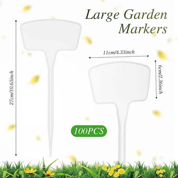 202 Pcs Large Plant Labels Kit 10.63 Inch Include 100 Outdoor White Plastic Plant Tags Waterproof Reusable Markers Stakes 100 PET Films and 2 Marker Pens for Garden Herbs Flowers Pot