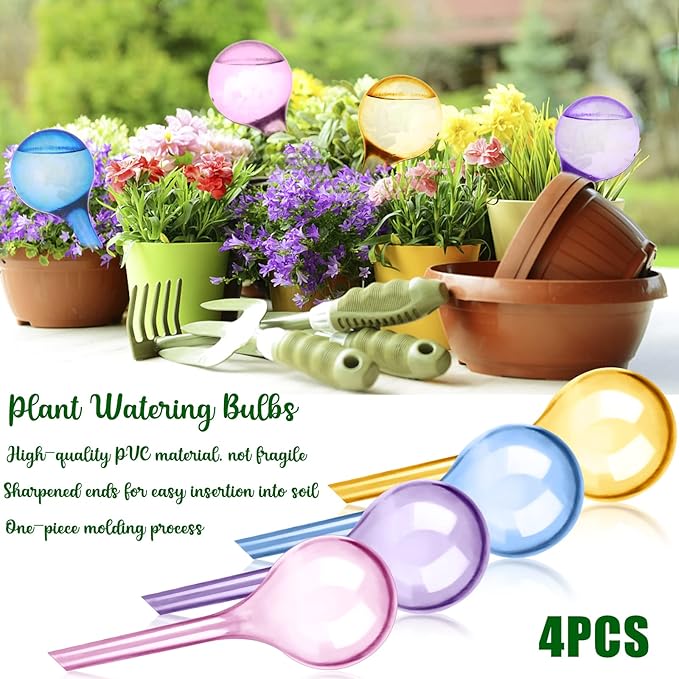 Droutti 4 Pack Plant Watering Globes Colored Self Watering Globes Automatic Watering Bulbs Plastic Plant Water Globes Drip Irrigation Device for Indoor Outdoor Plants (26.5×8 cm)