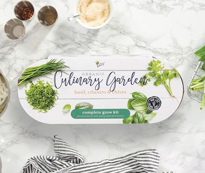BUZZY Organic Windowsill Grow Kit – Copper Culinary Garden with Basil, Cilantro, and Chives, Grow Fresh Herbs Indoors, DIY Herb Starter Kit and Seed Kit, Unique Gardening Gift for Home and Parties
