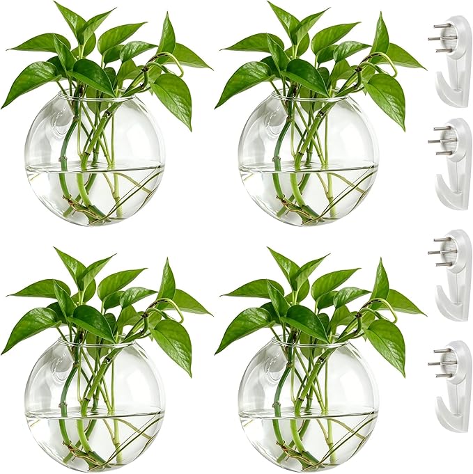 NUPTIO Wall Hanging Planters Terrarium: 4Pcs Clear Glass Wall-Mounted Vases for Indoor Office Garden Living Room - Oblate Plant Pots Hydroponic Containers Propagation Stations for Flowers