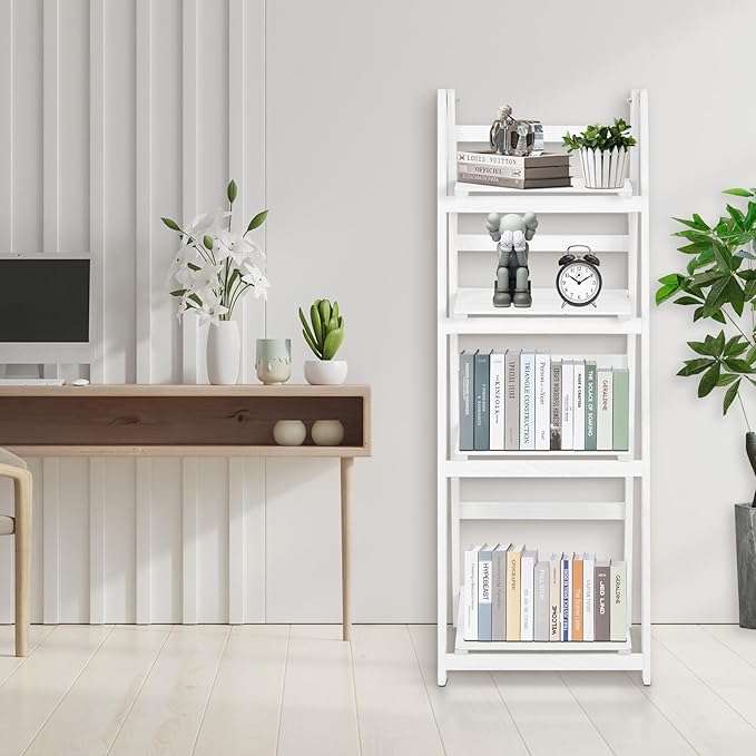 Funkeen Foldable Ladder Shelf Wood Multi Tier Plant Stand Tall Flower Pot Display Outdoor Plant Ladder Plant Holders Indoor Stand Corner Storage Bookshelf for Home Office Balcony Patio Garden White