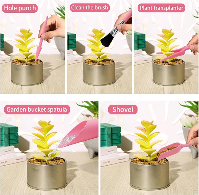 Mini Succulent Tools, 5Pc Succulent Planting Tools Kit for Indoor Planting, Succulent Gardening Tools for Digging, 2 Colors Shovel Scoop Bucket Spoon Brush Outdoor Plant Care (Pink)