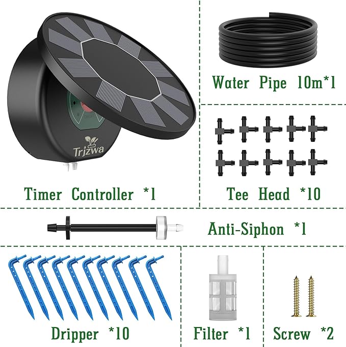 Solar Automatic Drip Irrigation System Kit, Auto Watering Kit for DIY Garden Watering System with 9 Timing Modes and Anti-Siphon Set，Indoor/Outdoor Garden, Balcony & Patio Irrigation System