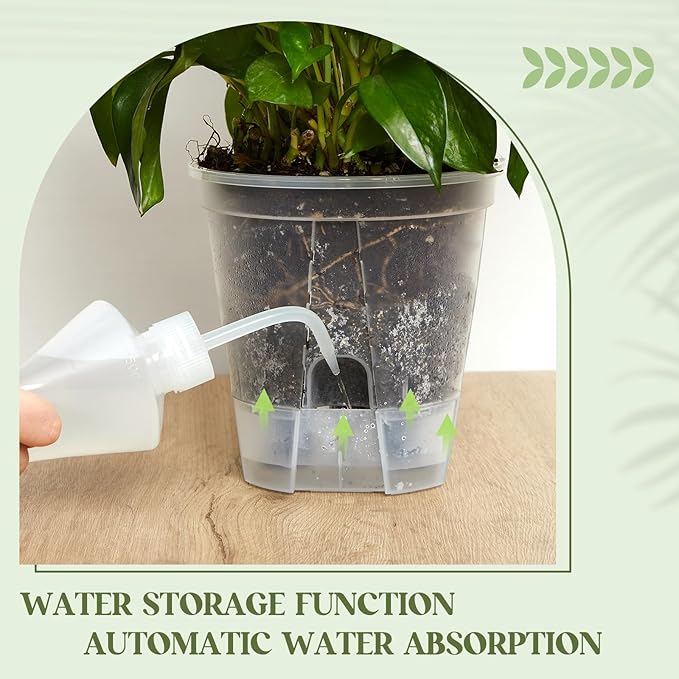 Wonderjune Self Watering Pots for Indoor Plants with Deep Reservoir and High Drainage Holes for Outdoor Plants and Flowers, Bare Root Planter(7.09'',Clear,9 Pcs)