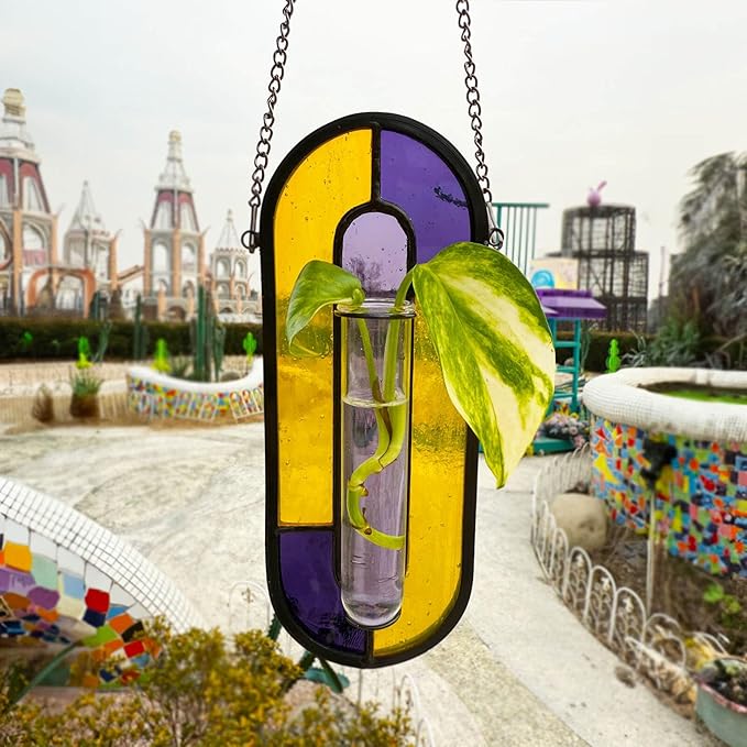 LITMIND Multi-Color Stained Glass Propagation Station - Handcrafted Translucent Suncatcher Planter with 2 Tubes, Hanging Hydroponic Decor for Windows & Garden, Indoor Outdoor Use, 7x2.5 Inches