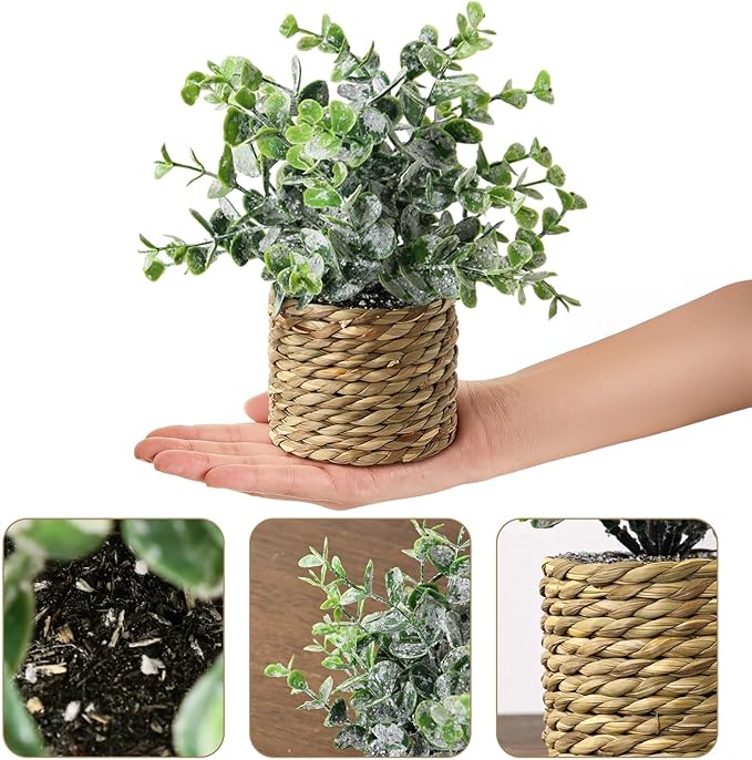 Small Fake Potted Plants: 7 Inches Artificial Plants with Seagrass Handwoven Planters, Indoor Farmhouse Spring Decorations, Eucalyptus Plant for Home Bathroom Office Shelf Tabletop Desk Room Decor