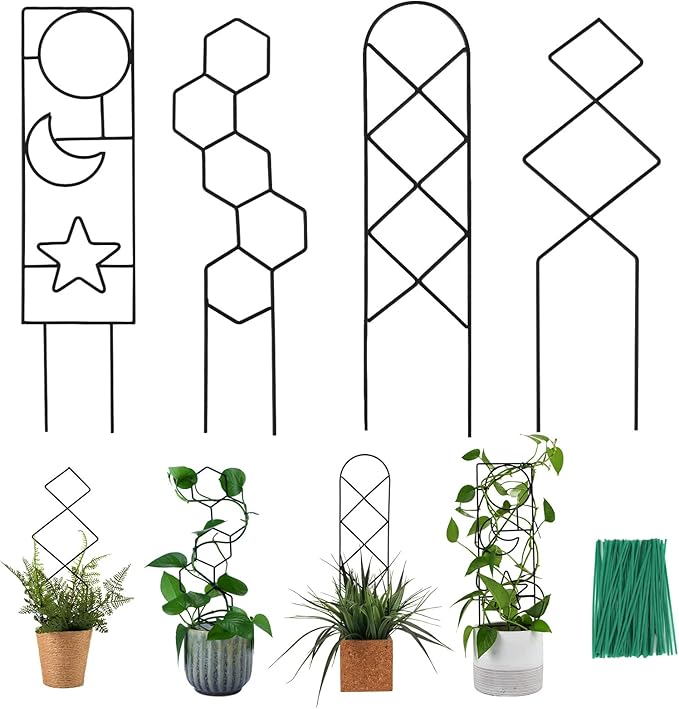 Wellsign Plant Trellis for Climbing Plants Indoor, 15.94Inch Small Garden Metal Houseplant Trellis for Potted Plants Outdoor with 4 Patterns for Vine Ivy Flower Plant Support Lover Gifts Lattice