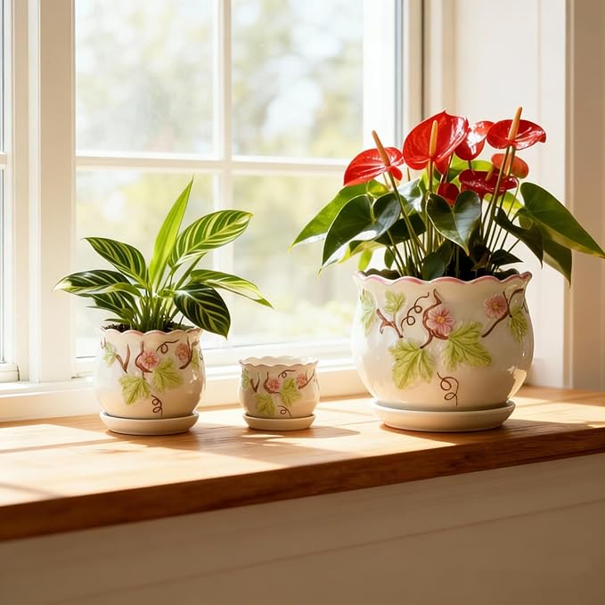 Vintage Flower Pots for Indoor Plant, Round Ceramic Plant Pots with Drainage Holes and Saucers, 6.7/5.2/3.9 Inches Retro Flower Planters Set of 3 (Morning Glory)