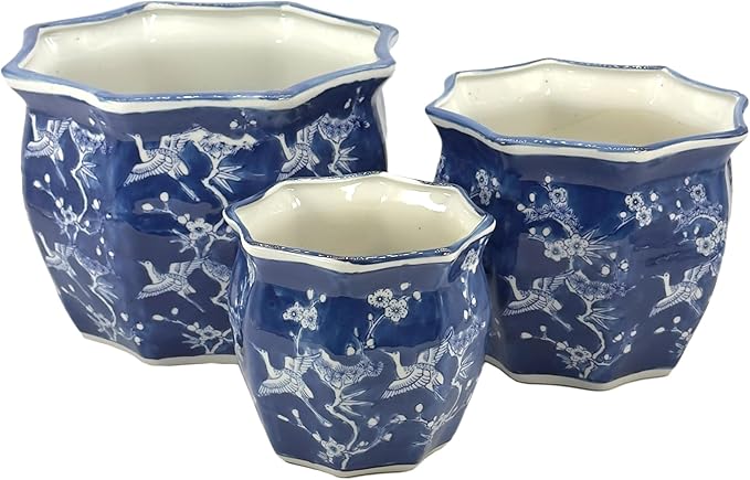 Galt International White & Blue Crane Round Fluted Floral Porcelain Ceramic Plant Flower Planter Pot Set of 3 (7.5", 10", 13") Garden Pots Chinese Asian Design