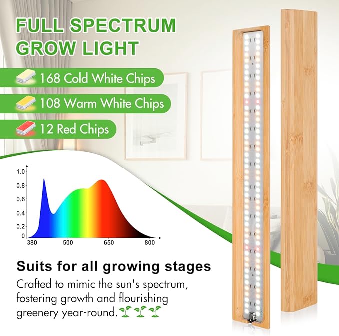 FOXGARDEN Grow Light for Indoor Plants Full Spectrum, Bamboo Plant Light Strip for Indoor Growing, 288 LED Grow Lamp with Timer 4/8/12H, 3 Switch Modes, 10 Dimmable Levels, 3 Strips with 1 Controller