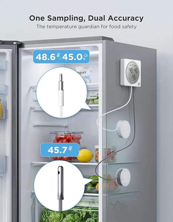 GoveeLife Upgraded Smart WiFi Refrigerator Thermometer Digital with Freezer Alarm, Wireless Magnetic Fridge Thermometer with Notification, LCD Display, Free Data Export for Fridge, Kitchen, Farming