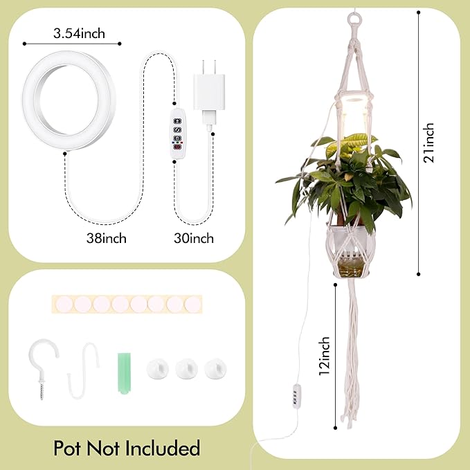 Hanging Plant Grow Lights for Indoor Plants with Timer, Wall Mounted Full Spectrum Pendant Growing Light with Macrame Plant Hanger, Ceiling LED Planta Luz for Potted Plants Home Decor