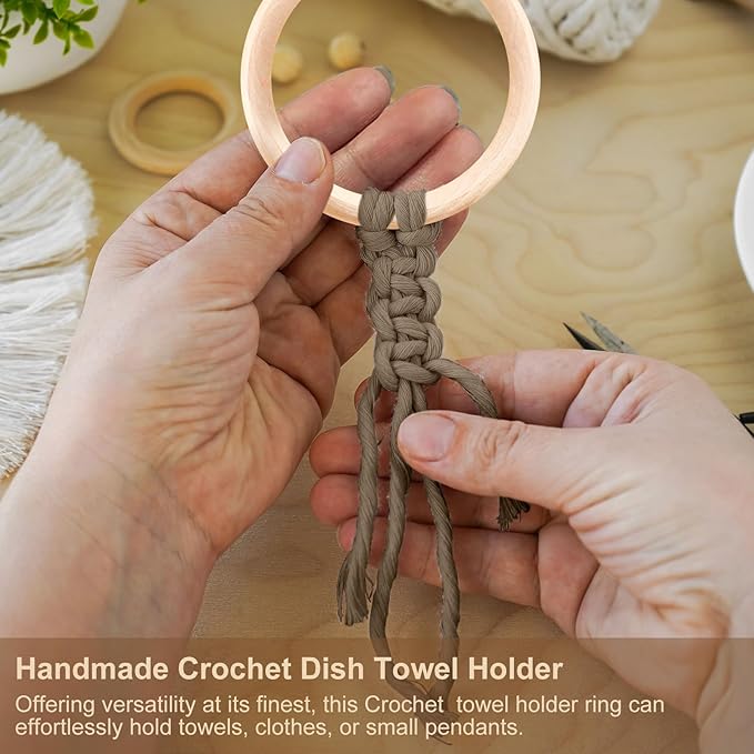 Tioncy 4 Pcs Kitchen Dish Towel Holder Boho Handmade Crochet Hanging Towels Loop Ring Knit Towel Hanger for Cabinet House Oven Stove Door, 4 Colors(Brown)