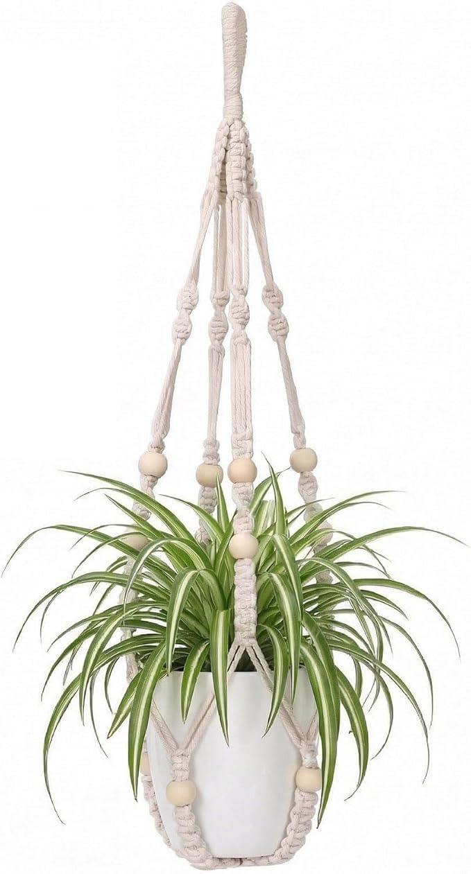 Macrame Plant Hanger Indoor, 23" No Tassel Hanging Plant Holder, Sturdy Flower Pot Holder with 2 Hooks - Ivory (Pot NOT Included)