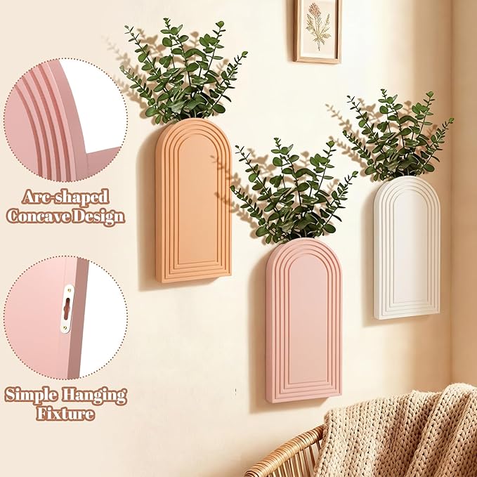 6 Pack Boho Wooden Wall Vase Hanging Wall Planters Decor Modern Farmhouse Plant Holders for Indoor Living Room Bedroom Bathroom Kitchen Home Office Decoration(Light Colors)