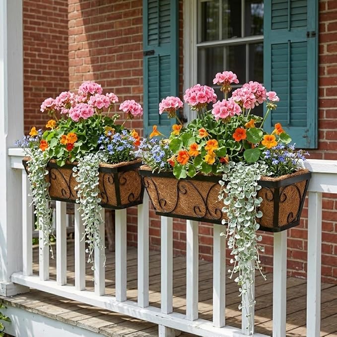 24 Inch Window Box Planter with Adjustable Brackets for Hanging Outdoor Plants, 2 Pack Railing Planter Boxes with Coco Liners for Balcony Deck Porch & Patio Garden Decor, Black