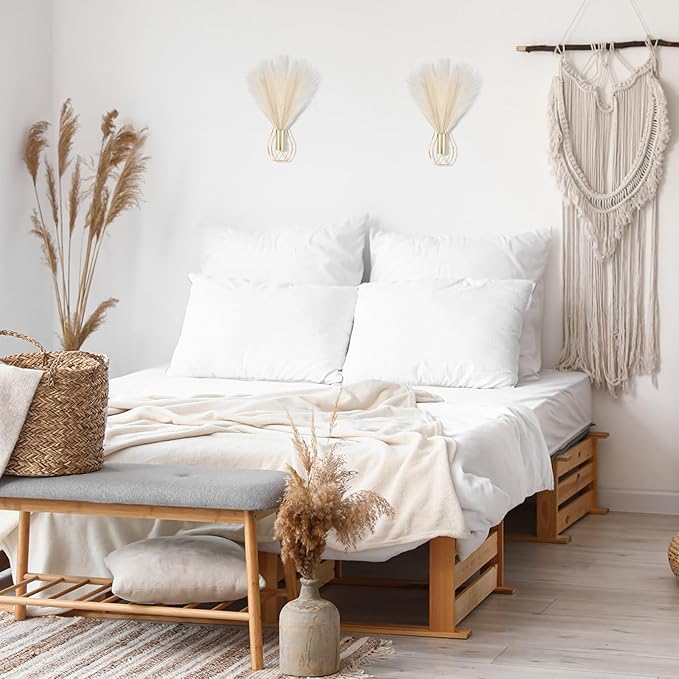 Otoolling 2 Pieces Hanging Plant Wall Decor with Artificial Pampas Grass Metal Hanging Vase Modern Geometric Farmhouse Bohemian Wall Art for Living Room Bedroom Kitchen Office(Gold, Beige)