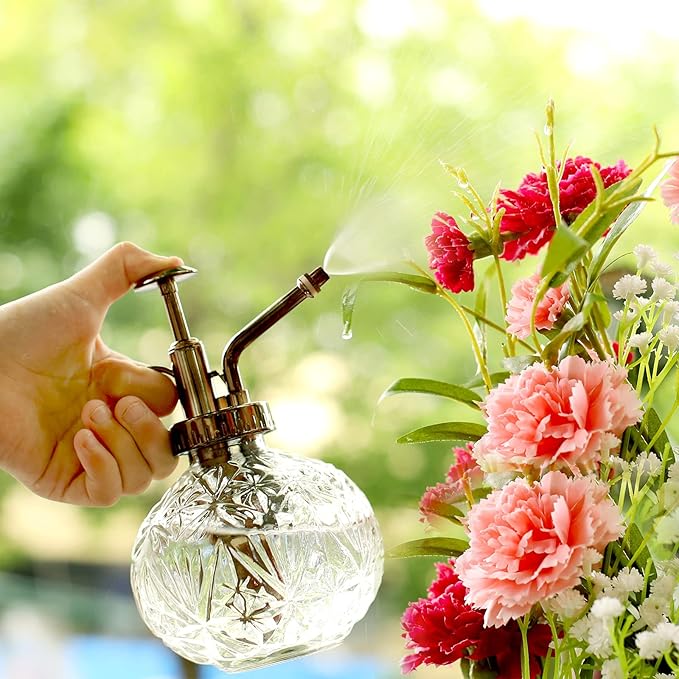 Hniuyun Glass Plant Mister Spray Bottle, 6.5inch Tall Vintage Round Spritzer with Bronze Plastic Top Pump for Watering Your Garden (Clear)