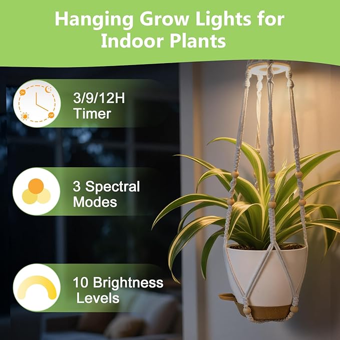Hanging Planters for Indoor Plants: 2 Pack Macrame Plant Hangers with Grow Lights and Self-Watering Pots, Large Hanging Pots with Drainage Holes & Removable Tray（8in White Pot, Daylight Spectrum）