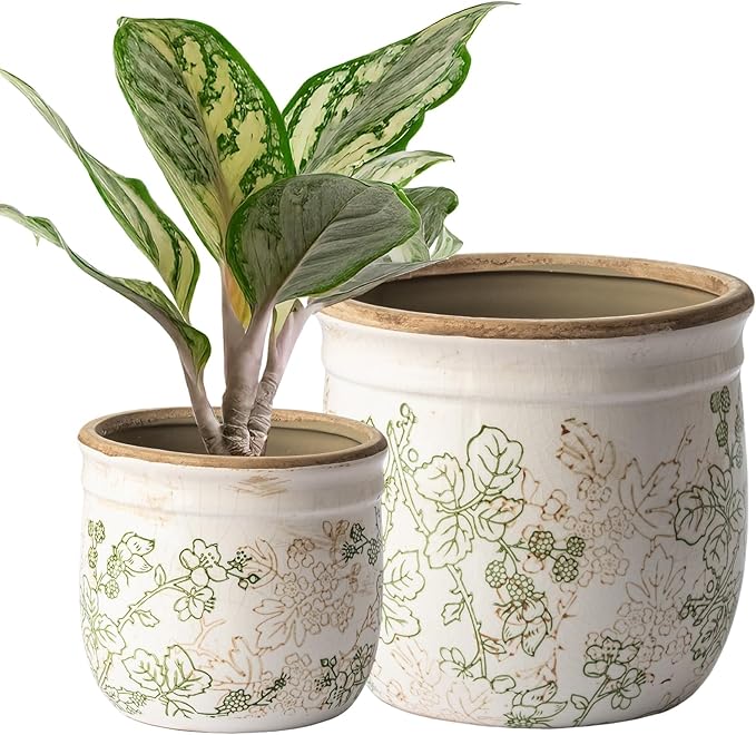 SURE YUESI Set of 2 Ceramic Planters 4.7” & 5.7”, Vintage Indoor Plant Pots Without Drainage Hole, Pastoral Rustic Decorative Planters for Flowers & Home Decor