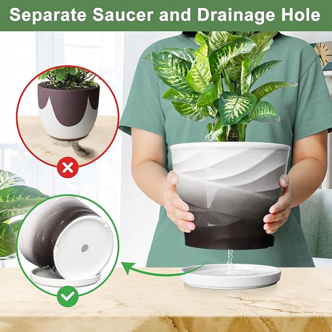 8 Inch Plant Pot,Ceramic Planter with Drainage and Saucer,Ceramic Pots for Plants,Indoor Plant pots,Ceramic Flower pots(Dark Gray+White)