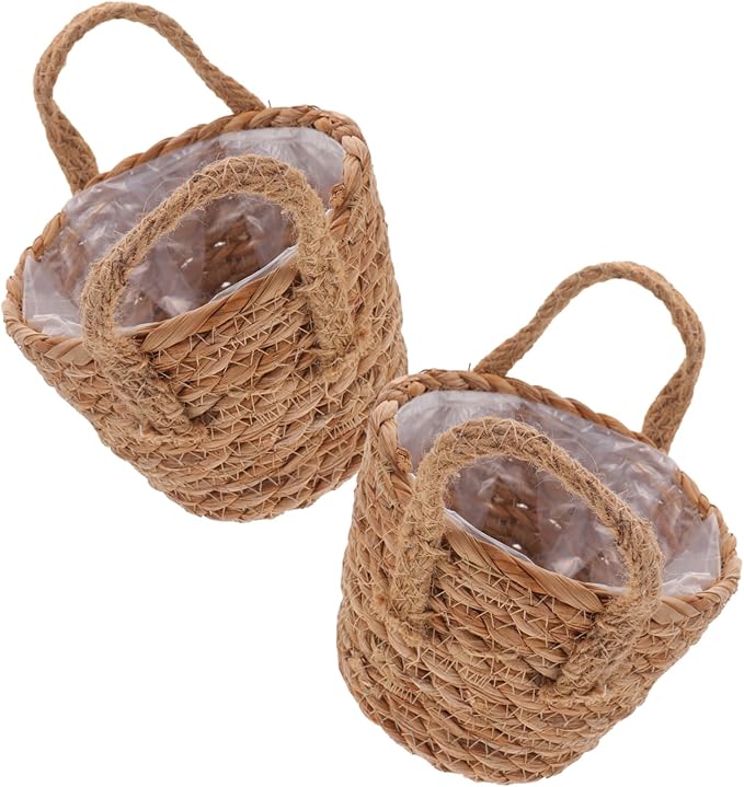 BESPORTBLE 2sets Seagrass Planters for Indoor Straw Pots for Outdoor Woven Flower Baskets Rattan Planter Baskets Handmade Storage with Liner 2pcs*2