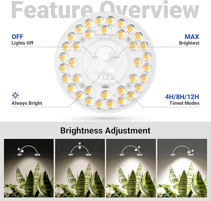 Barrina Orbgrow OG11A2 Clip On Grow Lights for Indoor Plants, Integrated Stepless Dimming & Timing, 4000K 22W(2 x 11W, 200 Watt Equiv), Full Spectrum 2-Gooseneck with E26 Plant Light Bulbs