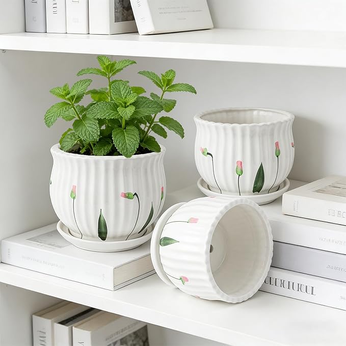 SHECIPIN Plant Pots for Indoor Plants Set of 3, 4+5.3+6.7 Inch Ceramic Plant Pots with Drainage Hole，Cute Garden Pots Succulent Pots with Saucer