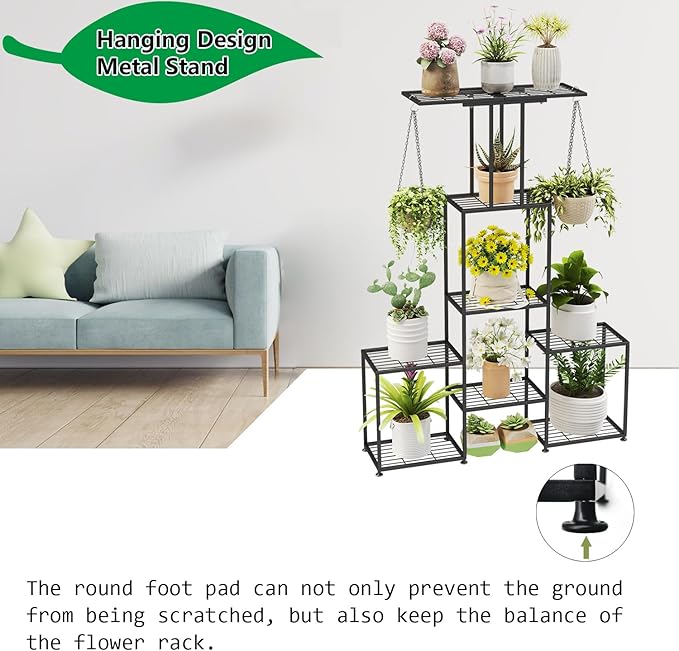 Plant Stand Indoor Outdoor, Metal 6 Tier Tall Hanging Plant Shelf for Multiple Flower Planter Large Heavy Duty Ladder Plant Holder for Garden, Black (y-202)