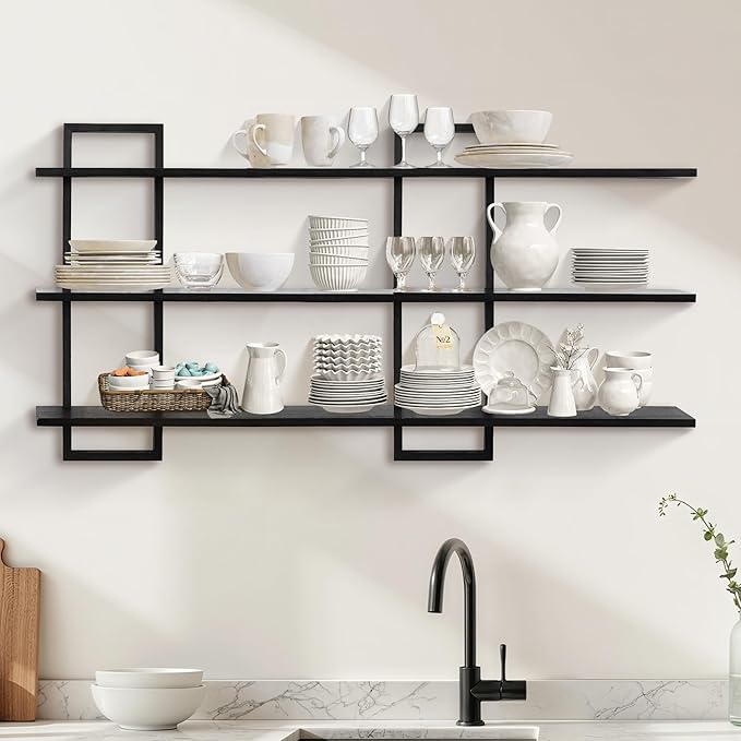 PHOENANCEE 3 Tier Wall Shelves,Decorative Floating Shelf for Wall,Plants Photo Shelf Storage Display Shelving Wood for Living Room Bedroom Kitchen Home Office Decor,Modern,Large,22 Inch(Black)