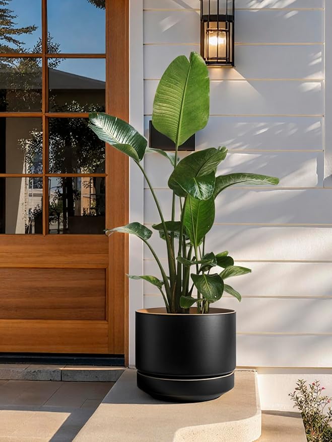 LE TAUCI 14 Inch Large Plant Pot with Saucer, Ceramic Outdoor & Indoor Big Planter with Drainage Hole, Mesh Pad Included, Matte Glazed Outside, Modern for Home and Patio, Obsidian Black & Ochre