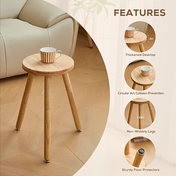 Small Round Side Table Adjustable Height Solid Wood Drink Table Indoor Tall Plant Stand Multi-Use Accent Stool-11‘’D × 20“H (Wood)