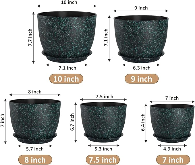 YNNICO Plant Pots 10/9/8/7.5/7 inch Set of 5,Flower Pots with Multi Mesh Drainage Holes, Large Planters for Indoor Outdoor Garden Plants and Flowers. (Green Speckles)