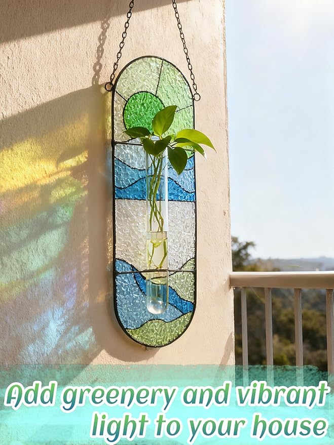 Stained Glass Plant Propagation Stations - Handmade Sunshine Catcher Hydroponic Planter Window Hanging with Glass Tubes, Terrarium Decor Gifts for Women Mom Plant Lovers, Green