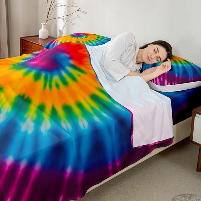 Feelyou Tie Dye Sheet Set Queen Size Kids Girls Boho Trippy Swirl Bed Sheets Set Ultra Soft Bright Colorful Rainbow Bedding Set Women Teens Bedroom Decor Bohemian Gypsy Sheets, Luxury Microfiber