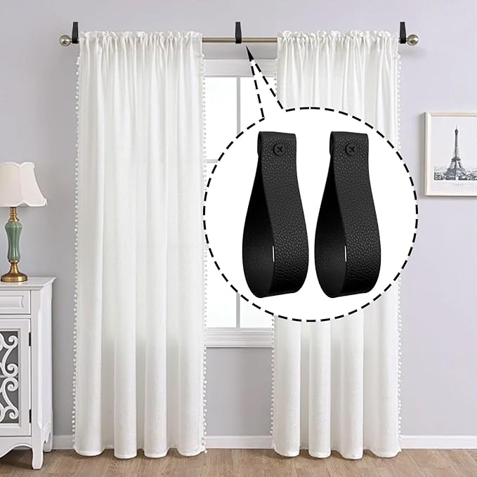 Curtain Rod Holders,Set of 8 Leather Curtain Rod Brackets with Screws,PU Curtain Rod Hangers Stylish Black Leather Straps Hooks for Wall Pole Macrame Boho Art Décor
