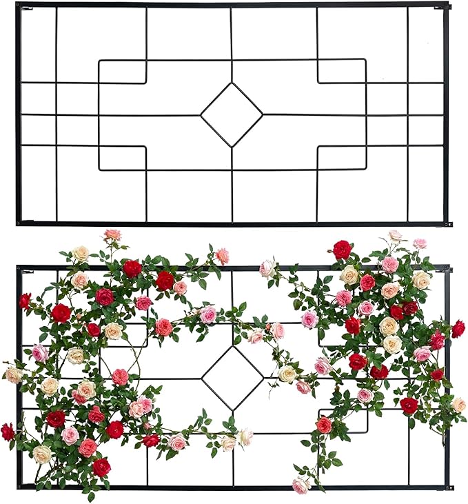 MyGift Wall Mounted Garden Trellis, 3.9 ft Black Metal Geometric Vintage Art Deco Lattice Frames for Climbing Plants and Vines