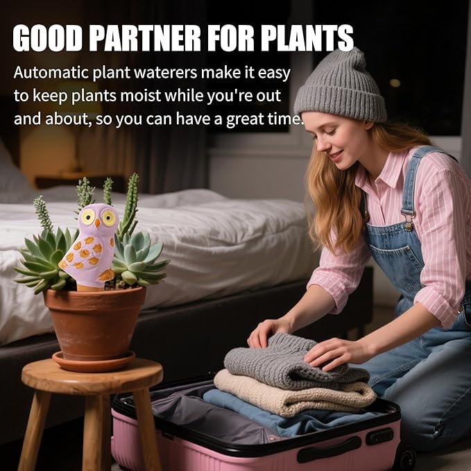 Mother’s Day Gift for Mom from Daughter or Son, 4 Pack Handmade Terracotta Owl Watering Globes & Spikes, Self-Watering Plant Devices with Slow Release System for Indoor & Outdoor Plants, Vacation Use