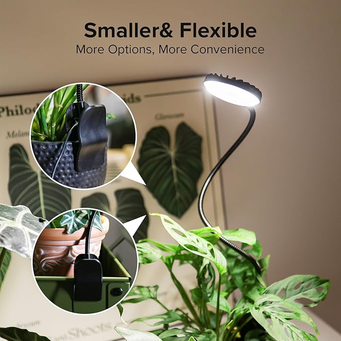 Grow Lights Indoor, Clip On Plant Lights for Indoor Growing, Full Spectrum LED Plant Grow Lamp, Auto Timing 4/8/12Hrs, 12W 4000K Pot Plant Growing Lamps with 4 Levels Dimmable Black, 2 Pack