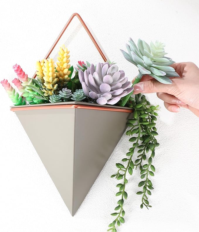 Rtteri 15 PCS Gray Wall Hanging Planter Set with Artificial Succulents, 3 Ceramic Geometric Wall Planters in 3 Sizes, Modern Indoor Decor for Living Room Bathroom Office