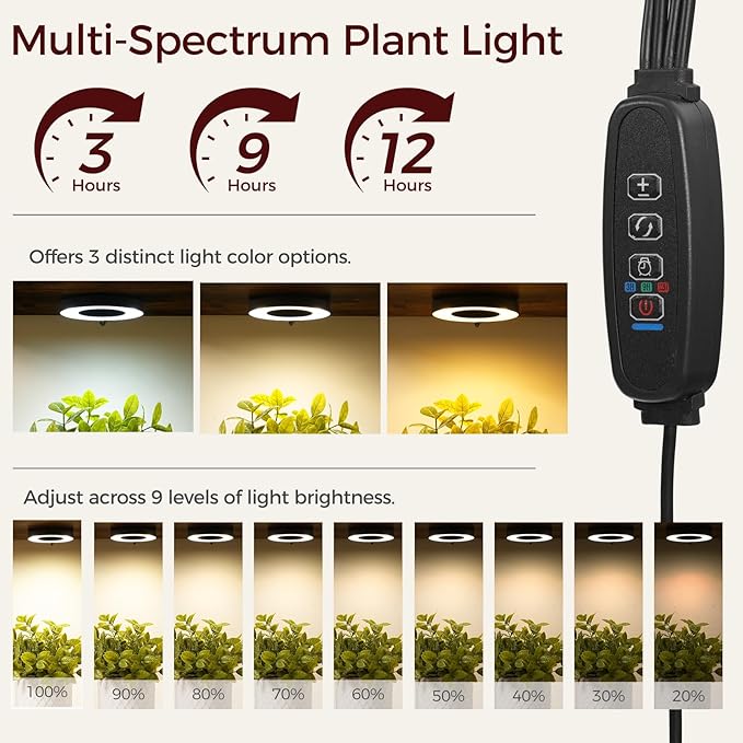 MAHANCRIS Plant Stand with Grow Light, 5 Tier Plant Shelf with Timer for Indoor Plants, Ladder Shape Flower Rack with Raised Back Edges, for Living Room, Balcony, Rustic Brown and Black PSHR05E01