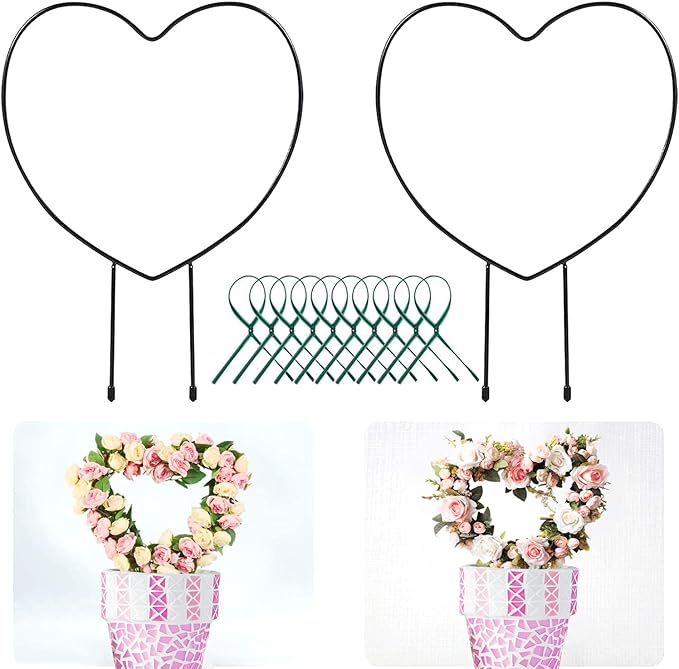 Legigo 2 Pack Black Metal Plant Trellis for Climbing Plants- 13" Iron Heart Trellis Plant Vine Stem Support Wire, Plants Climbing Holder Rack with 10 Plant Twist Tie for Potted Plants Flowers Indoor