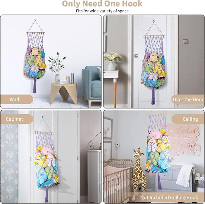 Stuffed Animal Storage Net, 68 Inch Jumbo Macrame Vertical Stuffed Animals Hammock Corner, Wall Ceiling Hanging Stuffy Hammock Plushie Holder Display for Kid Boy Girl Gift Boho Nursery Decor (Purple)
