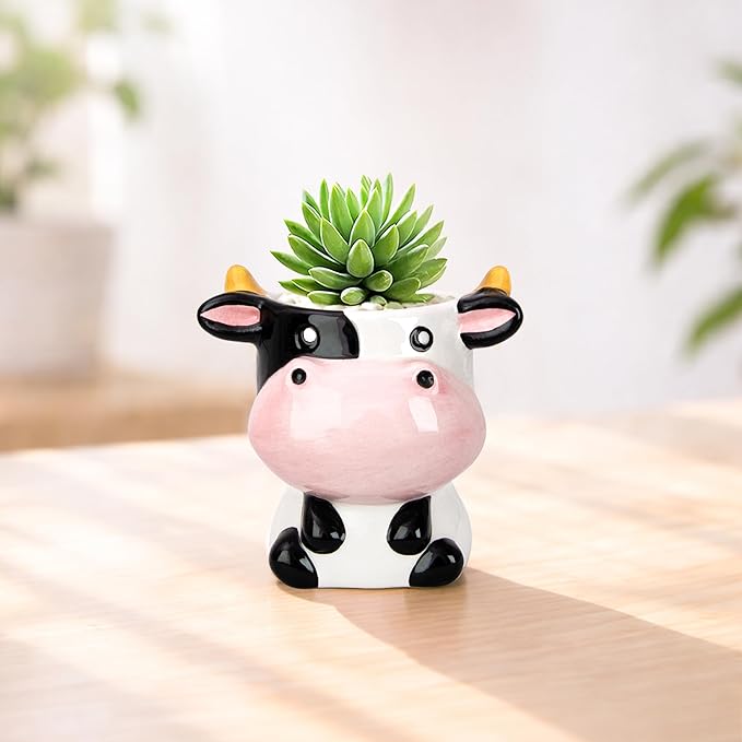 Cute Cow Animal Ceramics Planter Succulent Pot with Drainage, Plant Pot for Indoor Mini Plants Flower Cactus, Home and Garden Decor Fun Gifts
